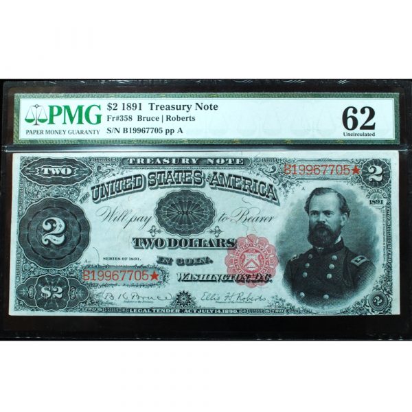 1891 $2 Treasury Note McPherson PMG 62 Uncirculated