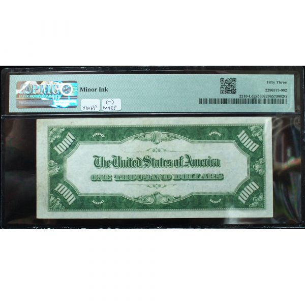 1928 $1000 Federal Reserve Note San Francisco Dark Green Seal PMG 53 About Uncirculated