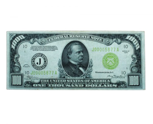 1934 $1000 Federal Reserve Note Kansas City Light Green Seal Extra Fine