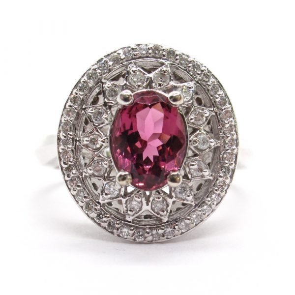 2 carat Pink Tourmaline Double Halo Ring White Gold