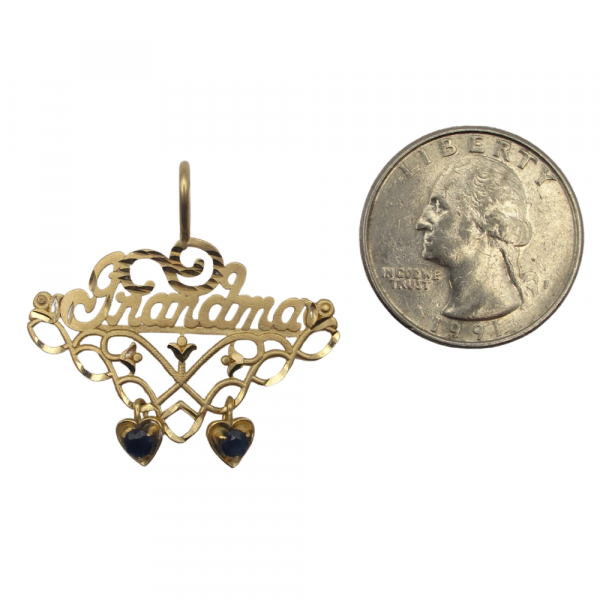 .24 ctw Sapphire Filigree Grandma Pendant 14k Yellow Gold size comparison