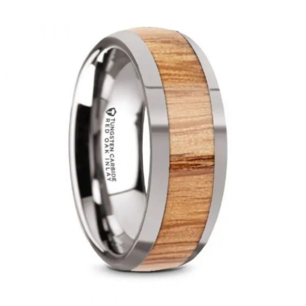 CINDER Men's Wedding Band with Red Oak Wood Inlay - Tungsten