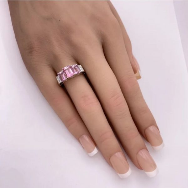 Diamond and Lab Pink Sapphire Estate Ring 2.84 Carat TGW 14K White Gold hand comparison