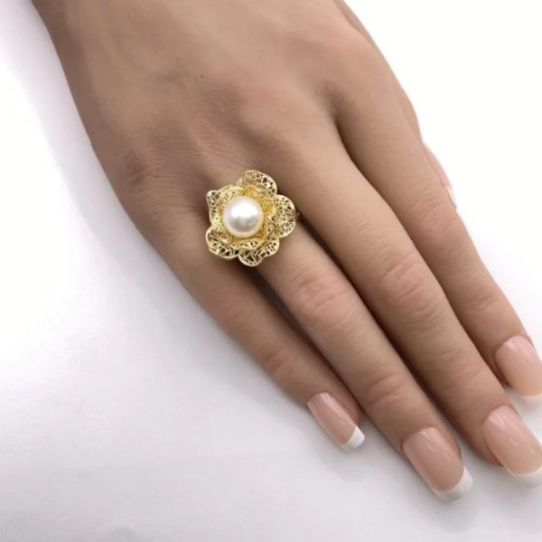 Filigree Flower Ring 14K Gold and Cultured Pearl hand comparison