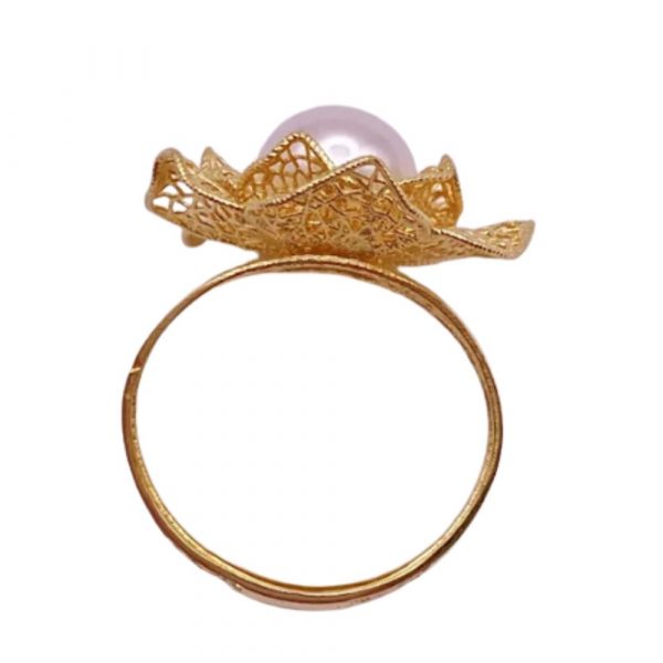 Filigree Flower Ring 14K Gold and Cultured Pearl top view