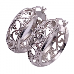 Gorgeous Filigree Detail Wide Hoop Earrings 14K White Gold