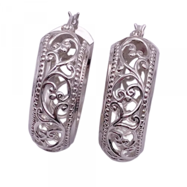 Gorgeous Filigree Detail Wide Hoop Earrings 14K White Gold front