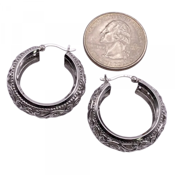 Gorgeous Filigree Detail Wide Hoop Earrings 14K White Gold size comparison