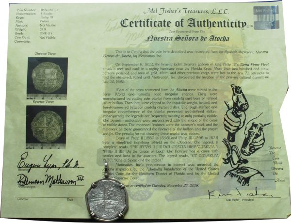 1622 Atocha Shipwreck 8 Reales Grade 1 Potosi Mint w/ CoA in Bezel