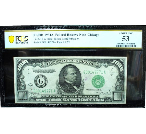 1934 $1000 Federal Reserve Note Chicago PCGS 53 About Uncirculated