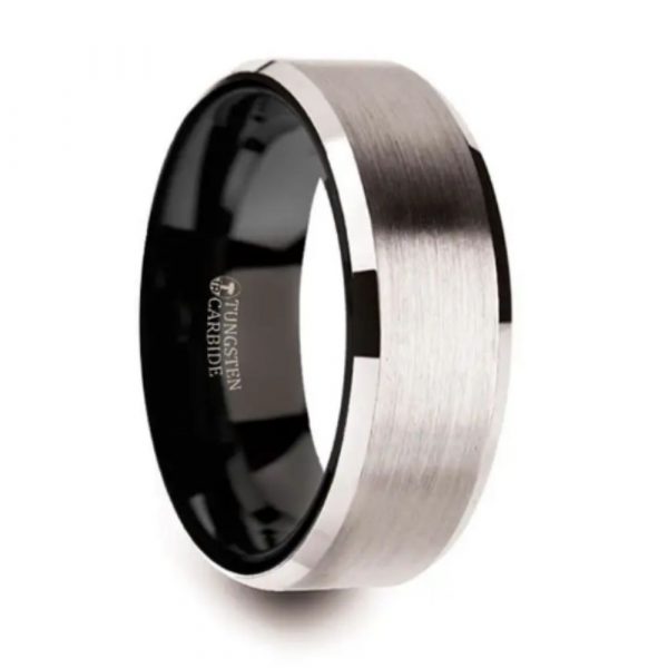 VEGA White Men's Wedding Ring with Brushed Center and Black Interior - Tungsten