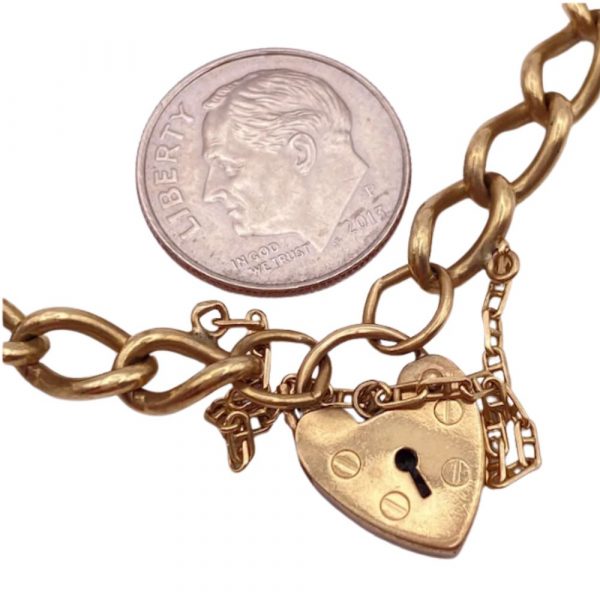 Victorian Revival Link Bracelet with Pinch Heart Lock Charm Clasp 9K English Gold size comparison