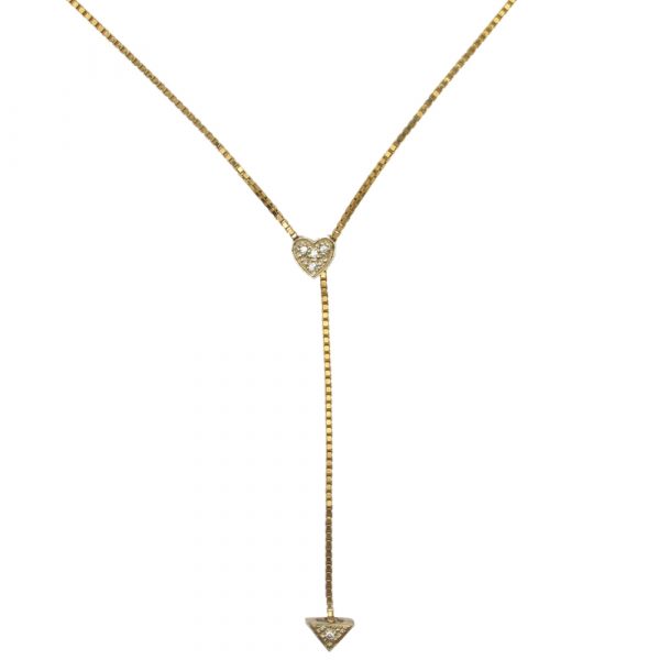 .06ctw Diamond Heart Lariat Box Chain Link Necklace 14K Yellow & White Gold ~ Adjustable ~ Two-Tone Front