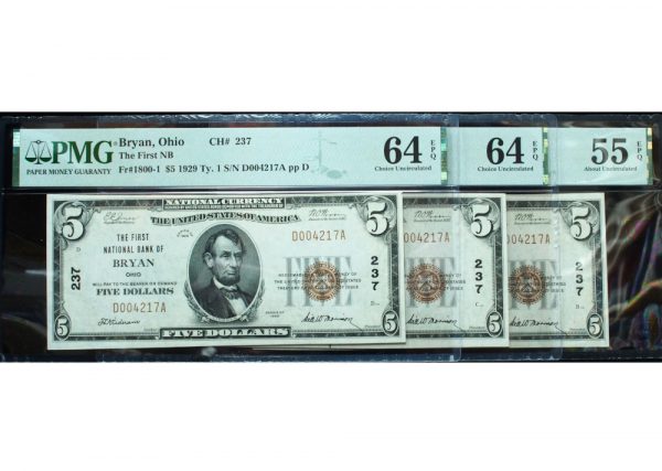 3x Matching Serial 1929 $5 National Currency Bryan, OH Ch# 237 PMG 64 & 55 EPQ