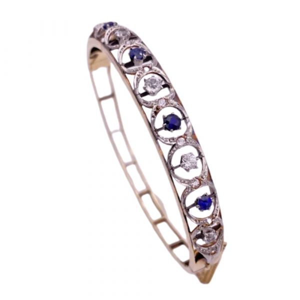 Blue and White Sapphire Bangle Bracelet 14K Yellow and White Gold circa 1920-30's side