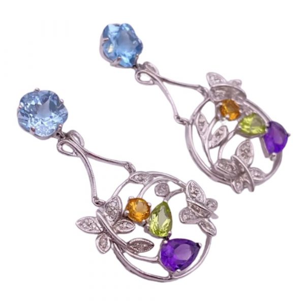 Colorful Gemstone BUTTERFLY Detail Dangle Earrings 14K White Gold side