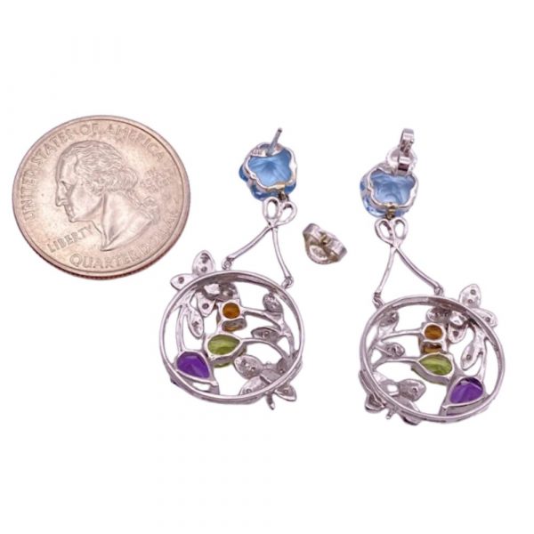 Colorful Gemstone BUTTERFLY Detail Dangle Earrings 14K White Gold size comparison