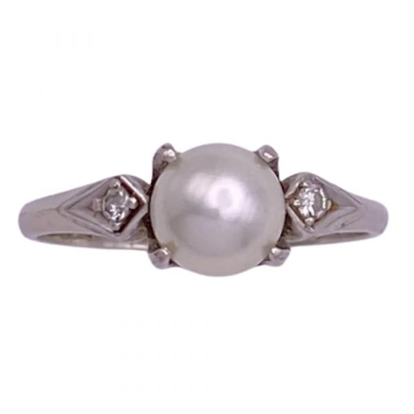 Cultured Pearl and Diamond 14K White Gold 6.5 MM