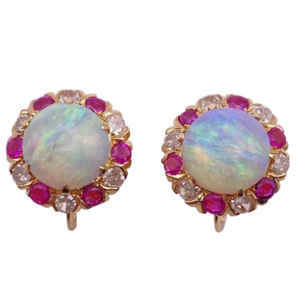 GORGEOUS Opal Ruby and Diamond Screw Back Earrings 5.92 Carats TGW 14K Gold