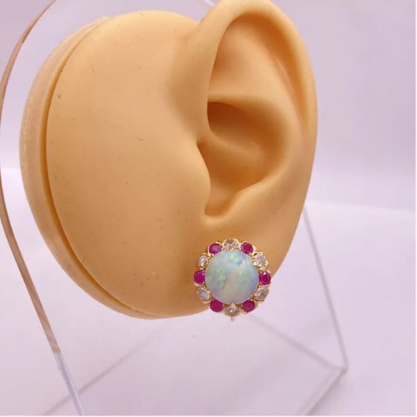 GORGEOUS Opal Ruby and Diamond Screw Back Earrings 5.92 Carats TGW 14K Gold ear comparison