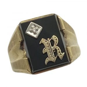 Gents R Monogram Vintage Ring Onyx and Diamond 10K Two Tone Gold