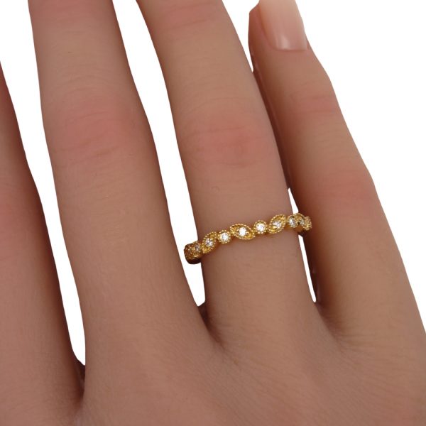 Leaf Pattern Diamond Stack Band Yellow Gold Worn