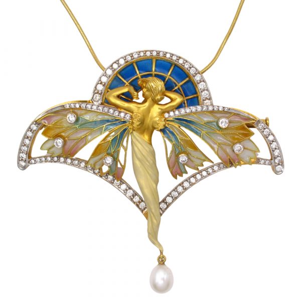 Masriera Nymph Pendant Brooch Plique-à-Jour 18k Yellow Gold