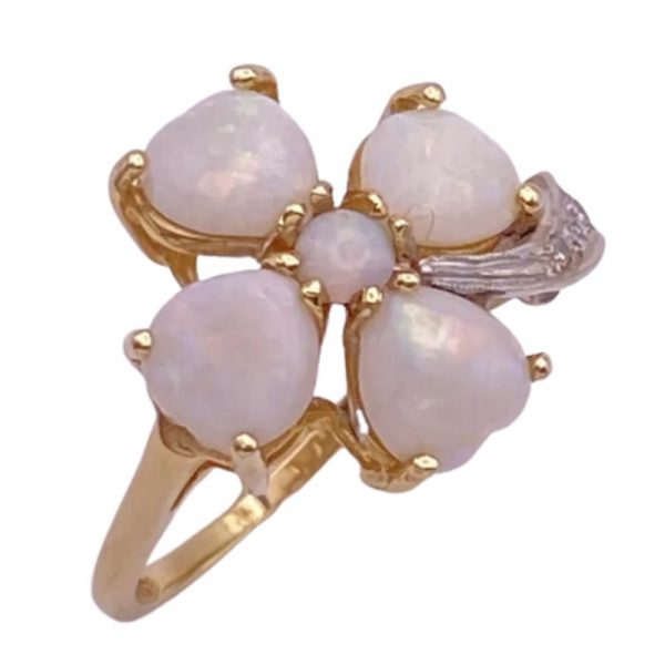 Opal and Diamond Vintage Shamrock Clover Ring 14K Two Tone Gold side