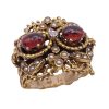 Opulent Victorian Revival Ring Cabochon Garnet, Seed Pearl and Diamond 14K Gold angle