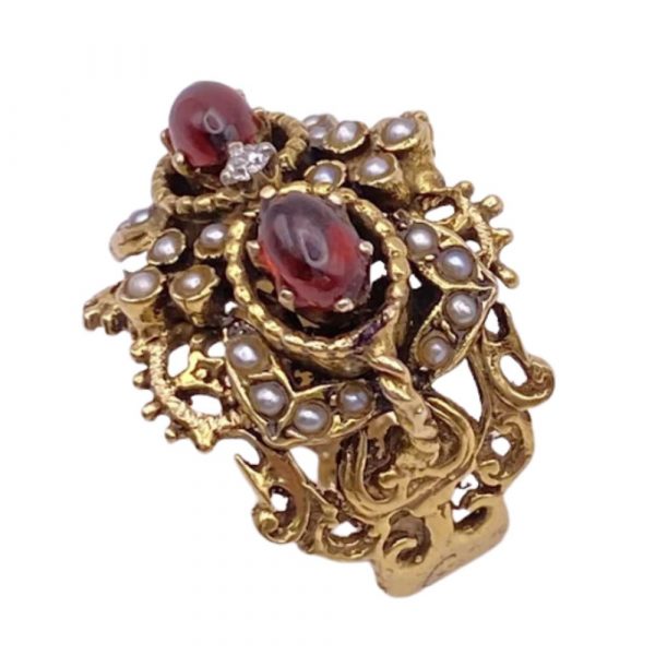 Opulent Victorian Revival Ring Cabochon Garnet, Seed Pearl and Diamond 14K Gold side