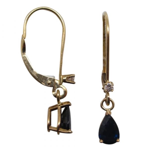 Pear shape Sapphire's with diamond accent dangles. 14k Yellow Gold leaver backs