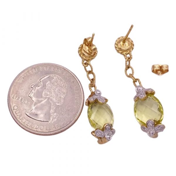 Peridot and Diamond Dangle Earrings 14K Two Tone Gold back and size comparison