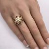 Romantic Flower Design Cultured Pearl and Garnet Ring 14K Gold hand comparison