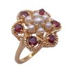 Romantic Flower Design Cultured Pearl and Garnet Ring 14K Gold side