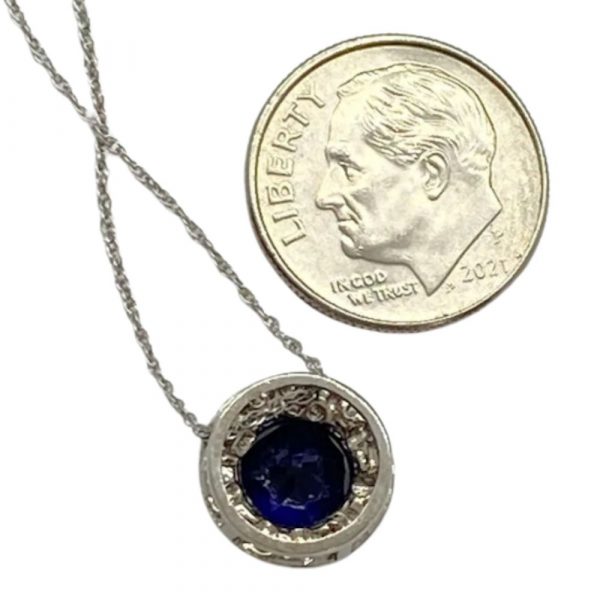 Sapphire and Diamond Halo Pendant 1.82 Carat tgw 10K White Gold back and size comparison