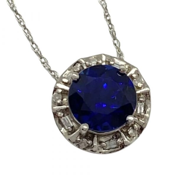 Sapphire and Diamond Halo Pendant 1.82 Carat tgw 10K White Gold close up