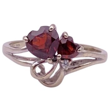 Sweet Garnet and Diamond Double Heart Ring 14K White Gold