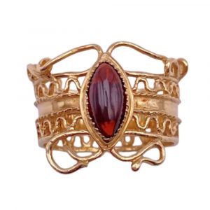 UNUSUAL Wide Filigree Ring 14K Gold and Garnet Cabochon