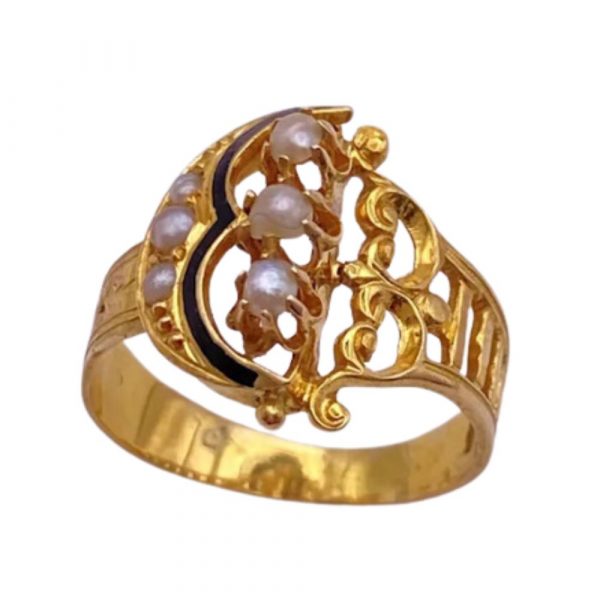 Victorian Revival Ring 18K Gold Seed Pearl and Black Enamel angled view