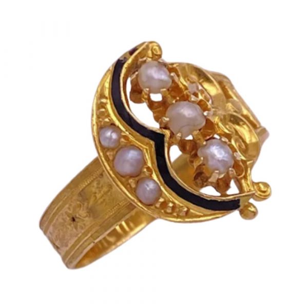 Victorian Revival Ring 18K Gold Seed Pearl and Black Enamel side 1