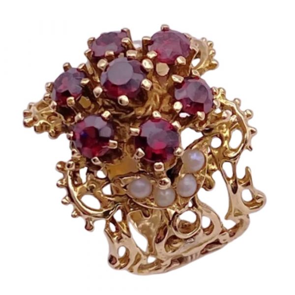 Victorian Revival Wide Filigree Ring Garnet Cluster Seed Pearl Accent 14K Gold side