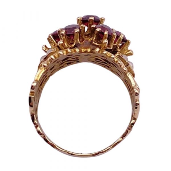 Victorian Revival Wide Filigree Ring Garnet Cluster Seed Pearl Accent 14K Gold top view