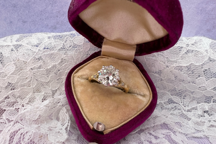 vintage antique engagement ring in box at Arnold Jewelers