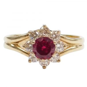 1.13 ctw Created Ruby and Faux Diamond Halo Ring 14k Gold