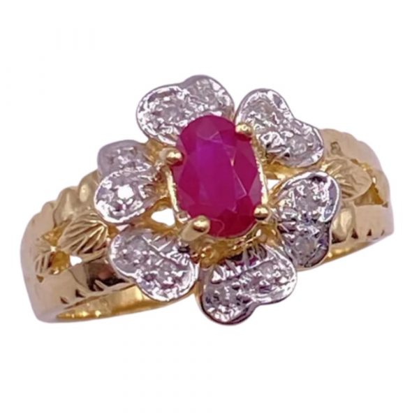 Natural Ruby And Diamond Flower Ring .80 Carat TGW, 14K Two-Tone Gold