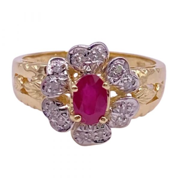 Natural Ruby And Diamond Flower Ring .80 Carat TGW, 14K Two-Tone Gold front