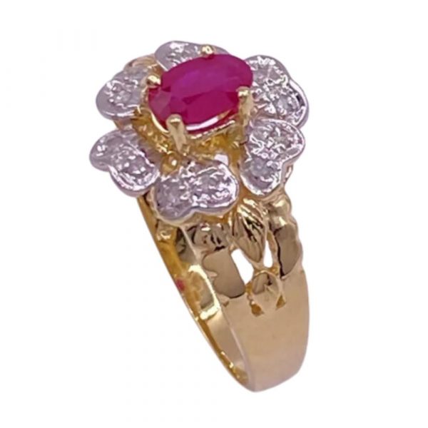 Natural Ruby And Diamond Flower Ring .80 Carat TGW, 14K Two-Tone Gold side