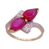 Pear Cut Lab Ruby By-Pass Ring 3.26 Carat TW 10K Two-Tone Gold bottom angle