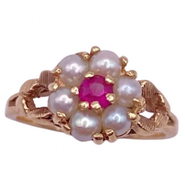 Petite Cultured Pearl and Ruby Flower Ring 14K Gold