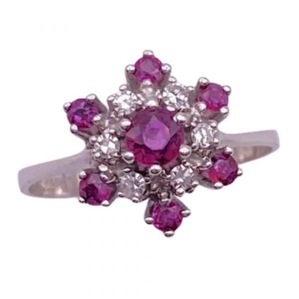 Petite Ruby and Diamond Cluster Starburst Vintage Ring 14K White Gold